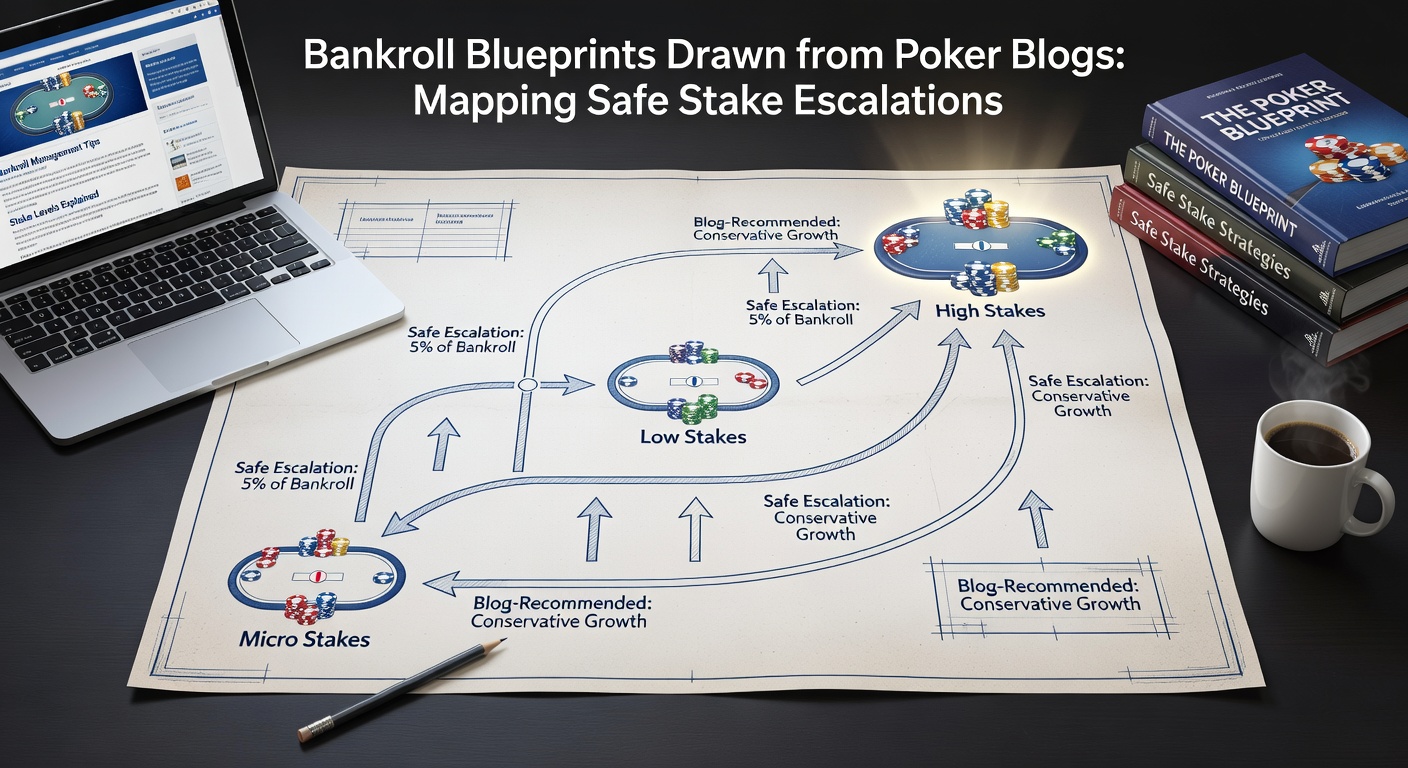Digital dashboard on a laptop screen displaying poker bankroll graphs with upward-trending lines and stake escalation markers, set against a backdrop of tournament chips