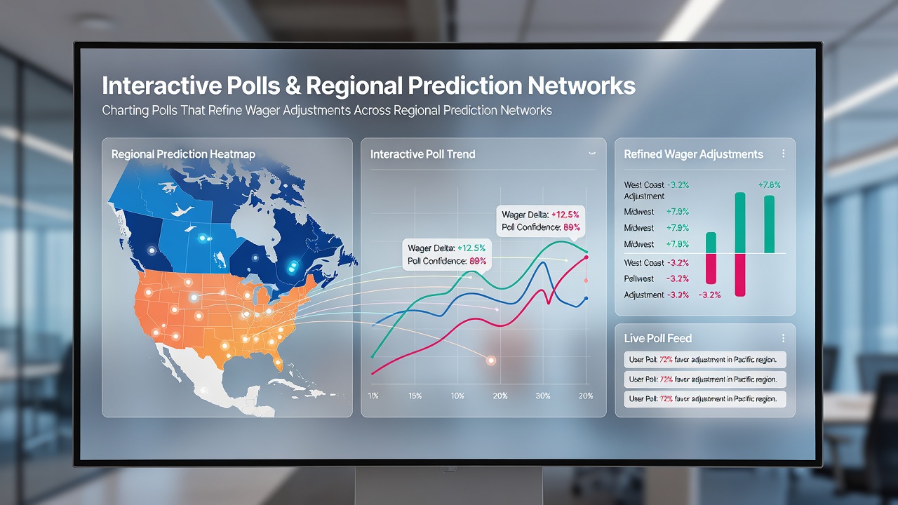 Regional prediction network maps illustrating poll response distribution and corresponding wager adjustment flows across different geographic zones