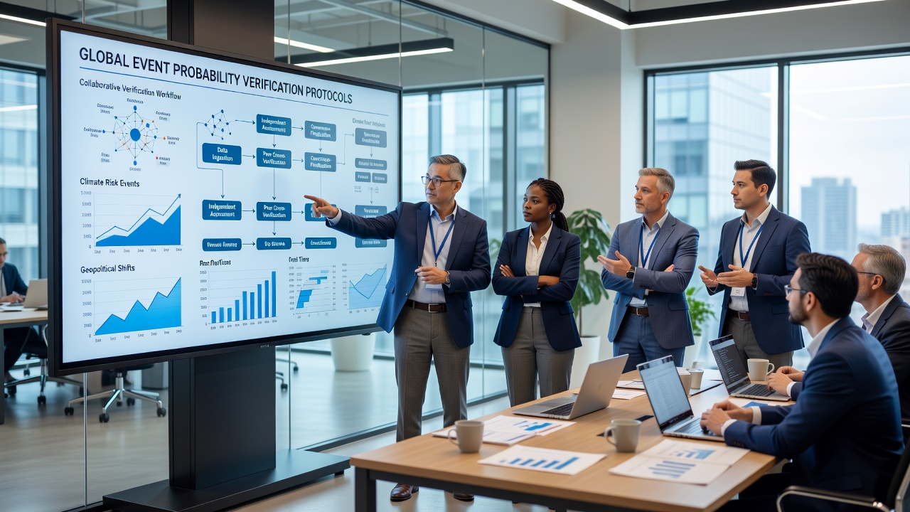 Forecasters reviewing shared verification protocols and evidence annotations in a probability hub workspace