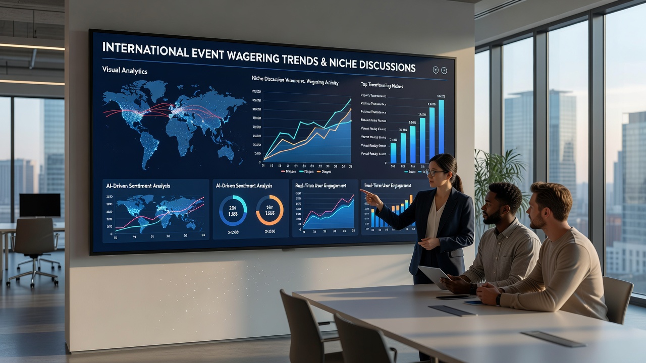 Community members analyzing wagering dashboards with overlaid international trend data and regional filters