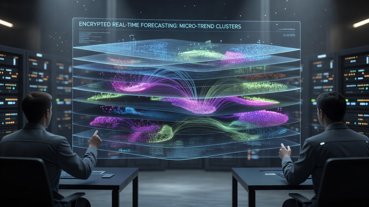 Visualization dashboard showing micro-trend clusters highlighted across encrypted forecasting layers