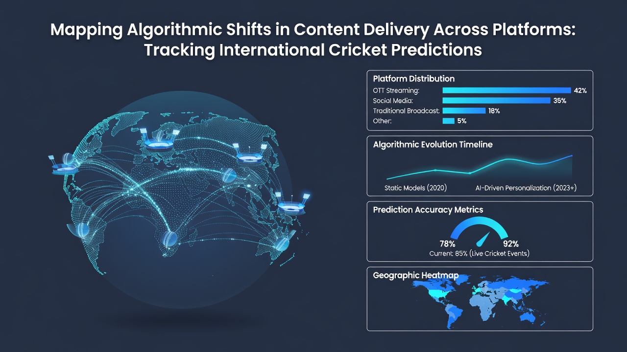 Global cricket prediction network map illustrating algorithmic content flows and platform shifts