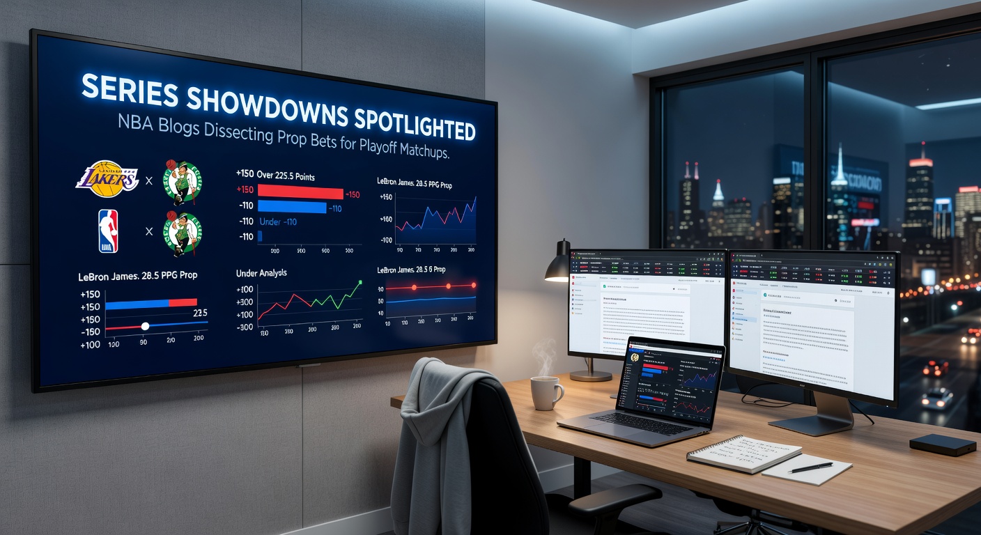 Close-up of NBA analysts reviewing prop bet charts on screens during a playoff series broadcast