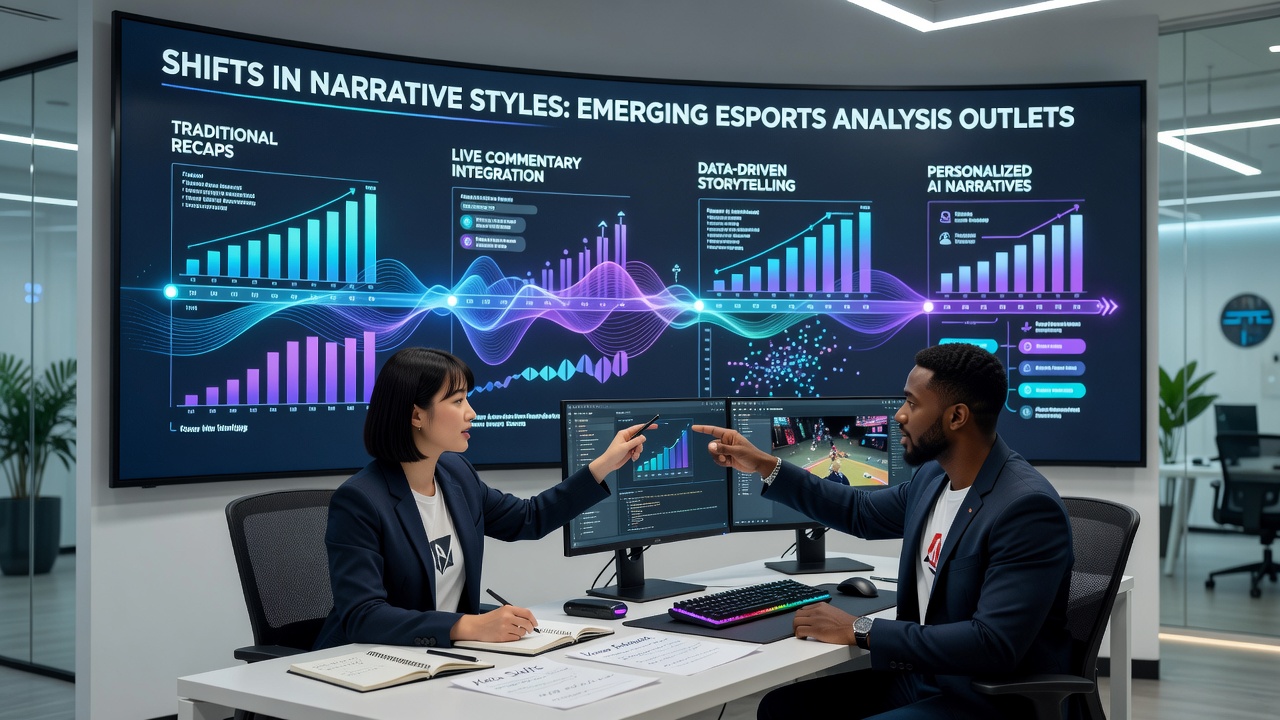Esports analysts reviewing match data on multiple screens in a modern studio setup