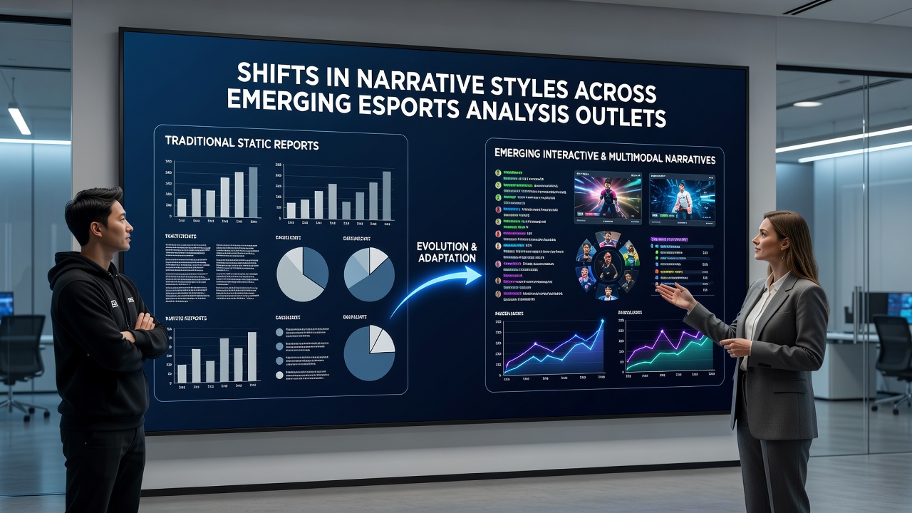 Team of writers collaborating around a large display showing esports tournament statistics and narrative outlines