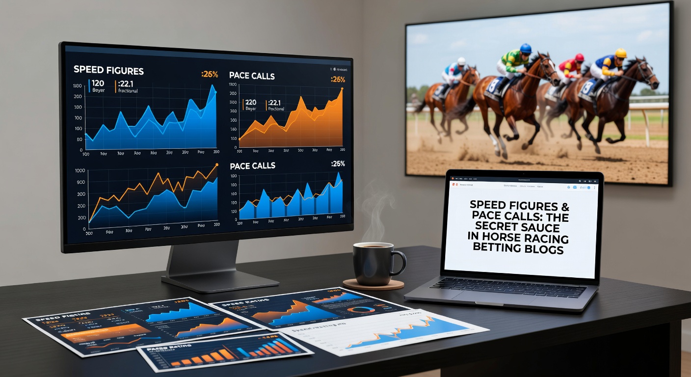 Close-up of a racing form page highlighted with speed figure annotations and pace graphs, overlaid on a trackside scene