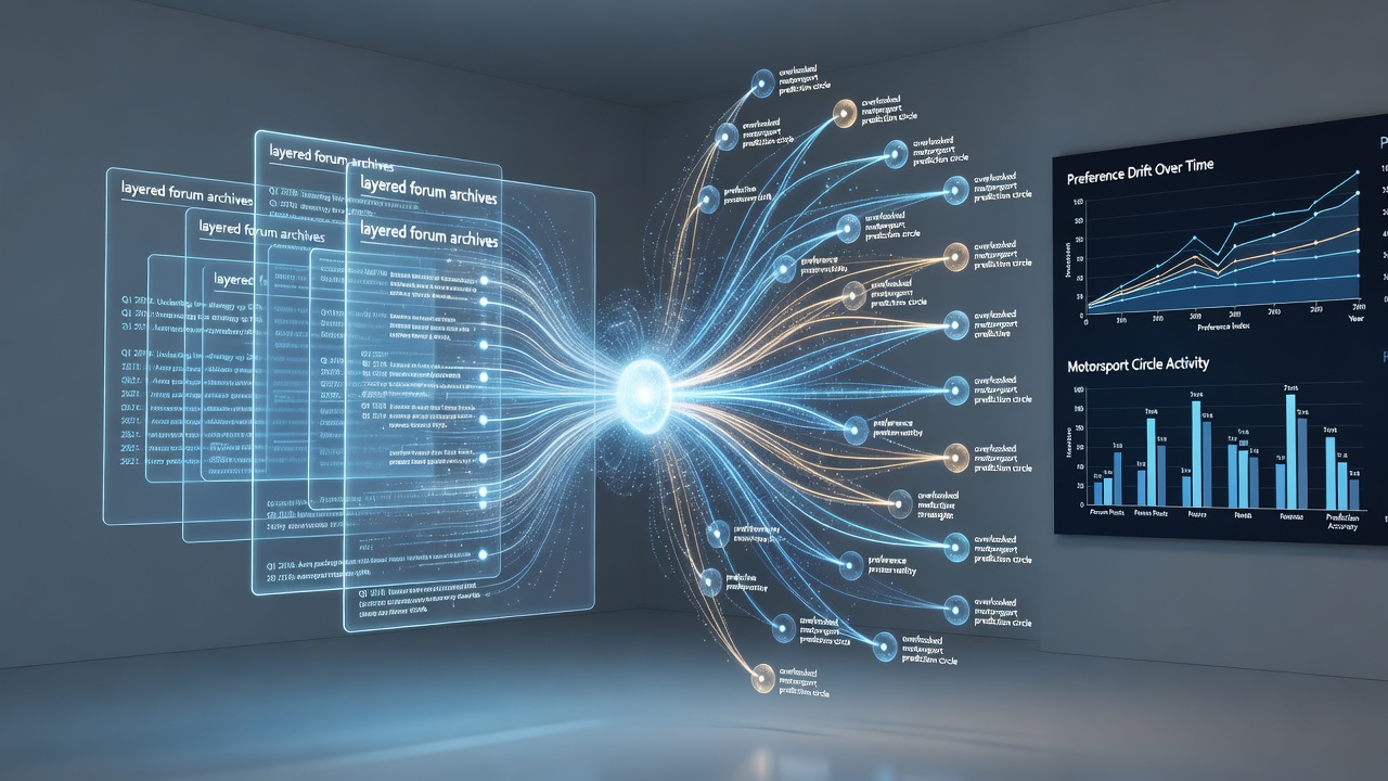 Visualization of layered forum archives showing motorsport prediction threads and preference shifts over time