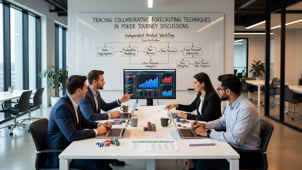 Analysts collaborating on poker tournament forecasts using shared digital whiteboards and data visualizations