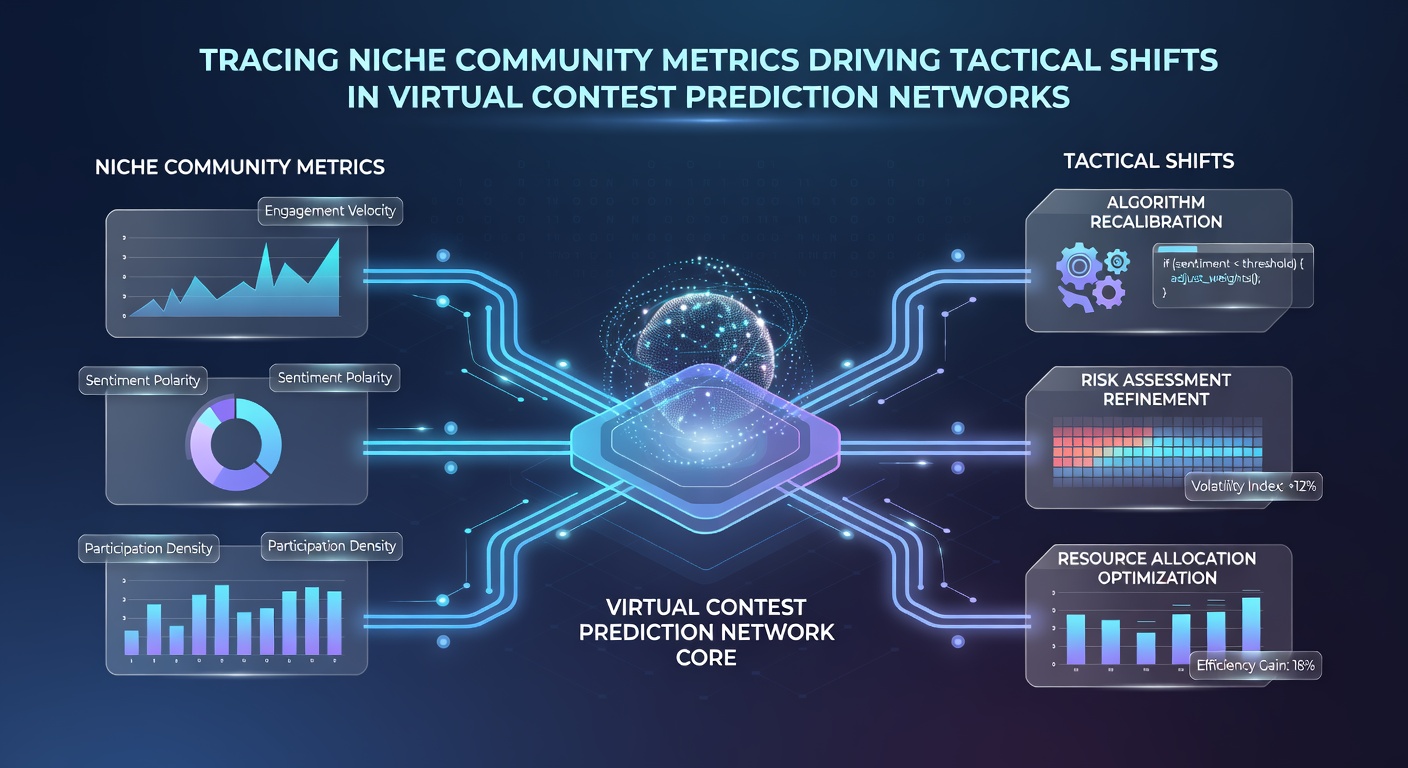 Infographic showing metric flows from niche forums to prediction adjustments in virtual contest systems